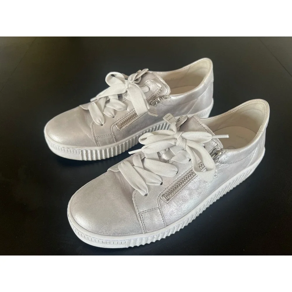 Gabor Best Fitting Silver Metallic Leather Side Zip Platform Sneakers Shoes 6